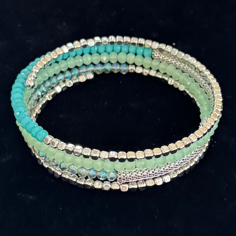 Silver and Green Beaded Bracelet